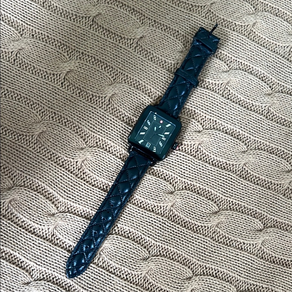 Michele Black Leather Strap Watch